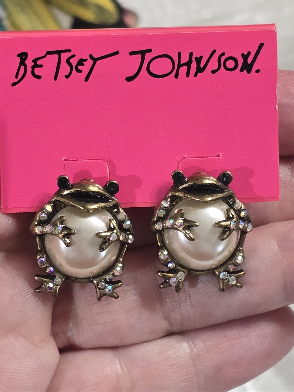 Betsey Johnson Pearl Critter Frog Stud Pierced Earrings